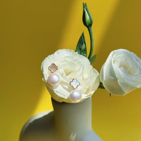 Floral Leaf Shell Pearl Earrings - Elegant Fresh Look in 18K Gold Vermeil